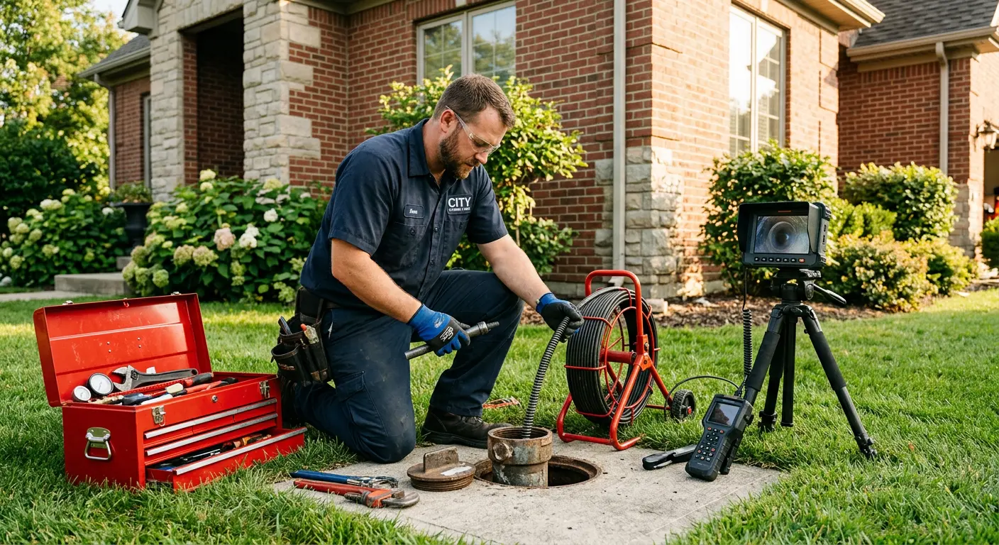 Sewer specialist with camera equipment servicing a cleanout in Whitefish
