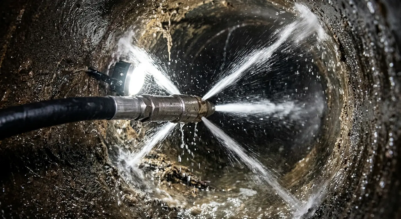 High-pressure hydro jetting nozzle cleaning sewer pipe for Emergency Drain Service in Whitefish