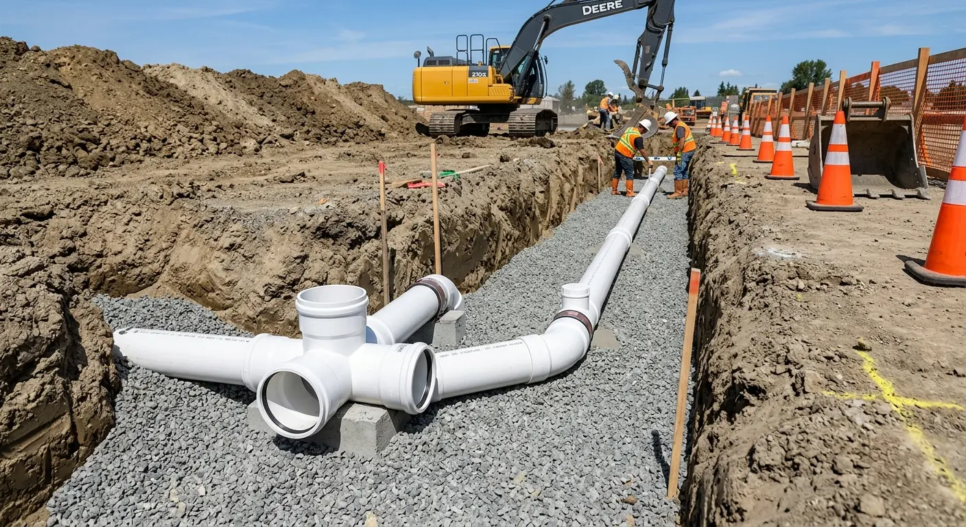 New PVC sewer pipe installation in open trench for Commercial Drain Cleaning in Whitefish